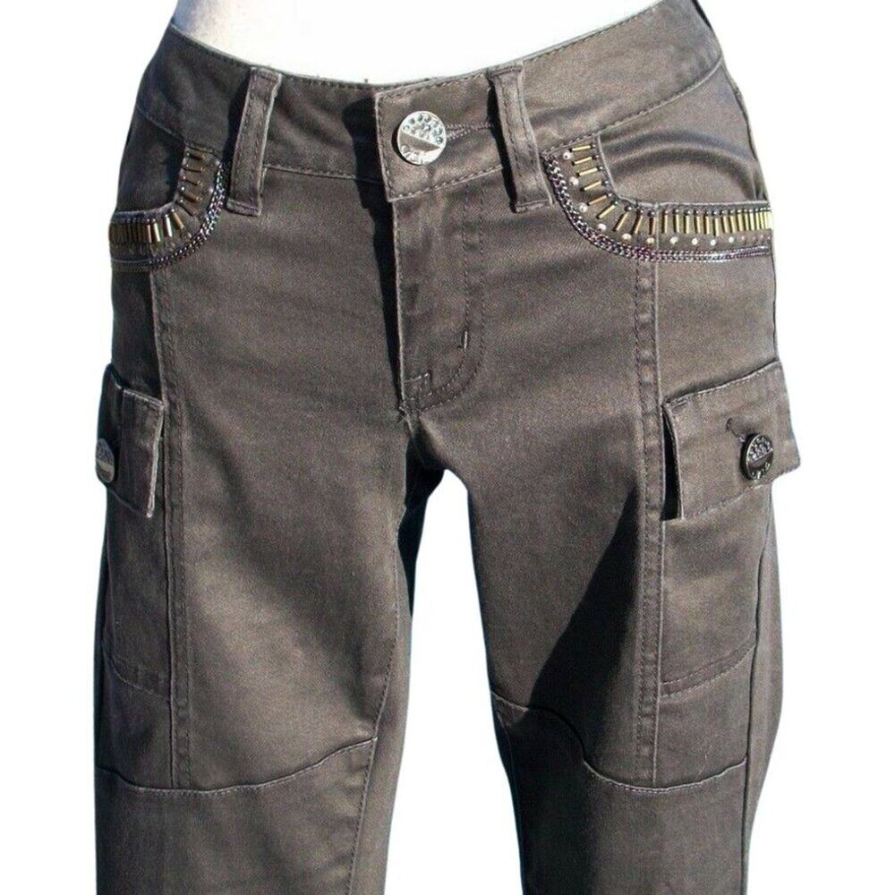 Cache Olive Embellished Jean Pant Cargo Denim Zipper Leg Rhinestone $128 NWT